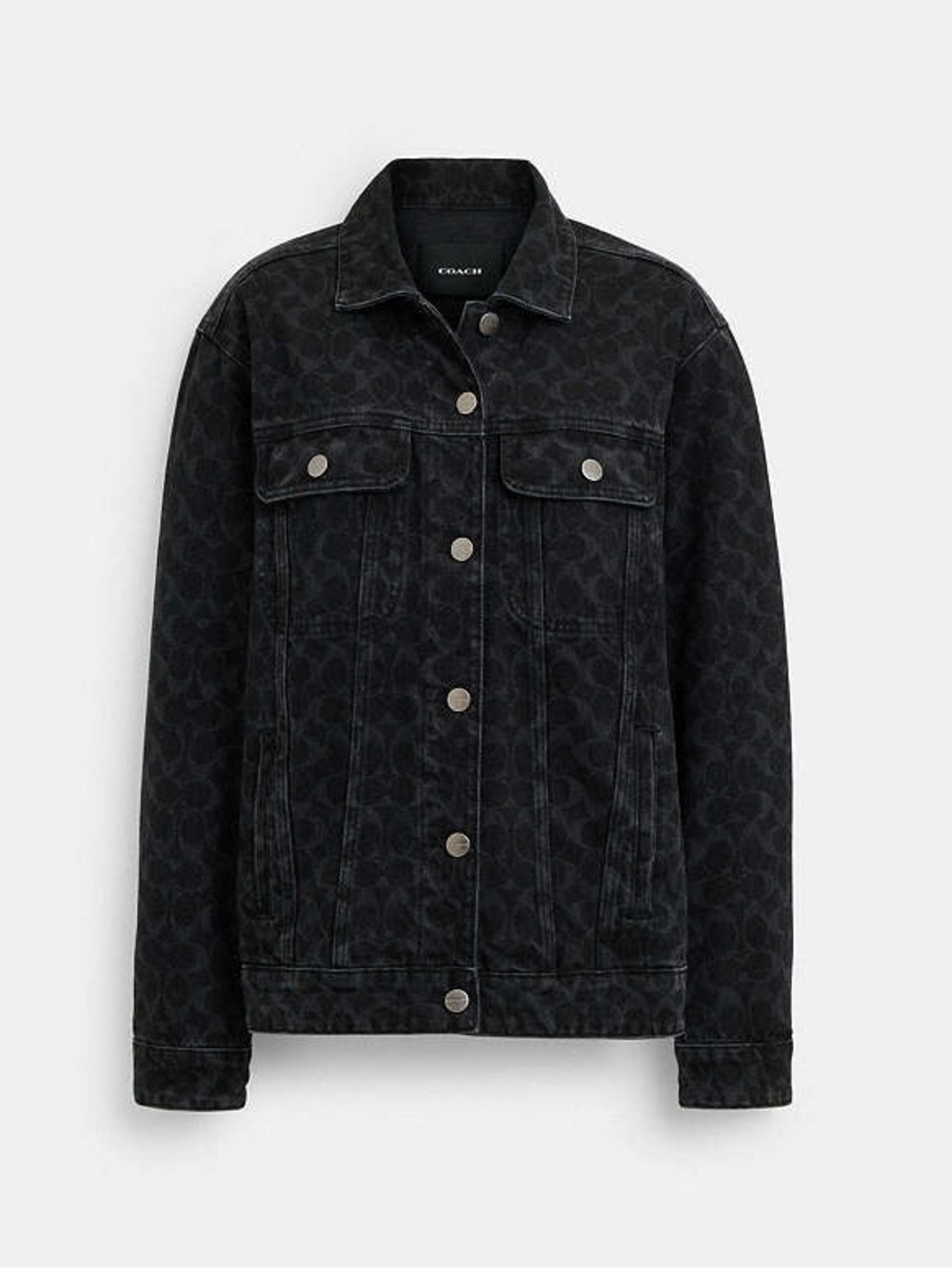 NWOT Coach Black Signature Denim Trucker Jacket “C” Jacquard Pattern Size S